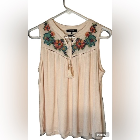 MISS ME women's pink embroidered floral tank top S lined tassels cottagecore - Picture 2 of 10